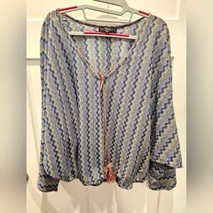 Sanctuary Clothing Chevron Metallic Knit Tassel Tie Blouse Women’s S Made in USA